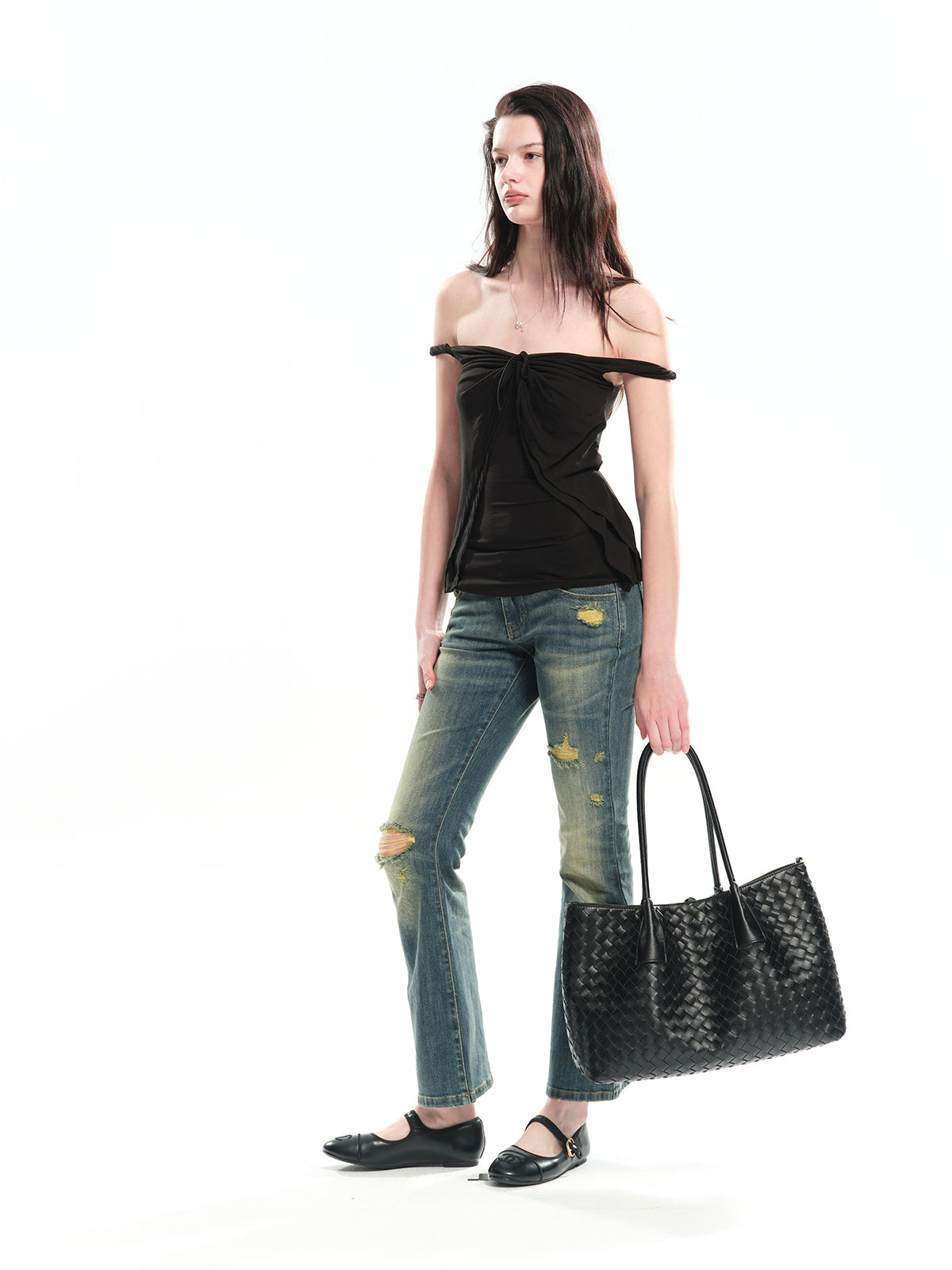 Dotyears Twist Knot Off-the-shoulder Knit Top (Two Colors: Black & Pink)