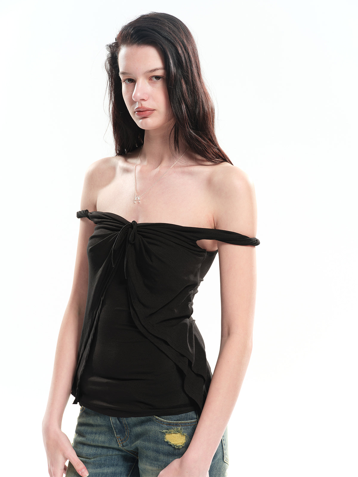 Dotyears Twist Knot Off-the-shoulder Knit Top (Two Colors: Black & Pink)