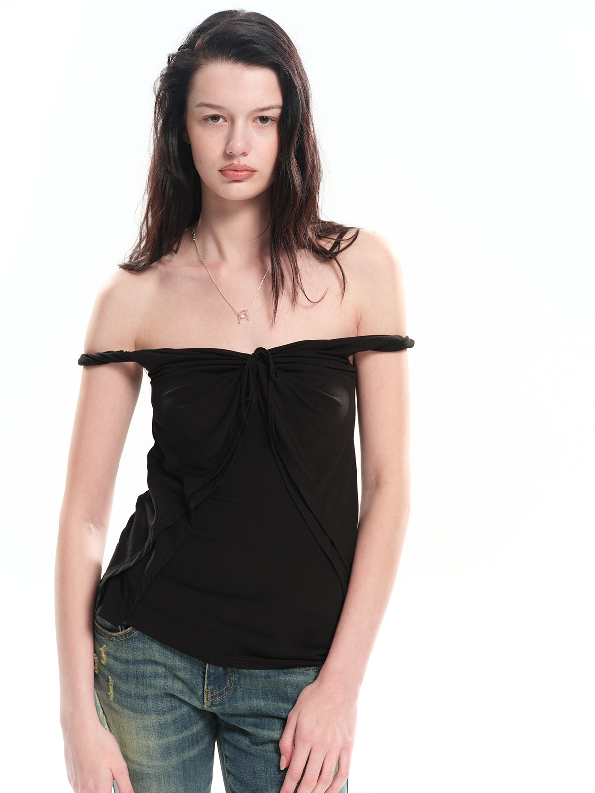 Dotyears Twist Knot Off-the-shoulder Knit Top (Two Colors: Black & Pink)