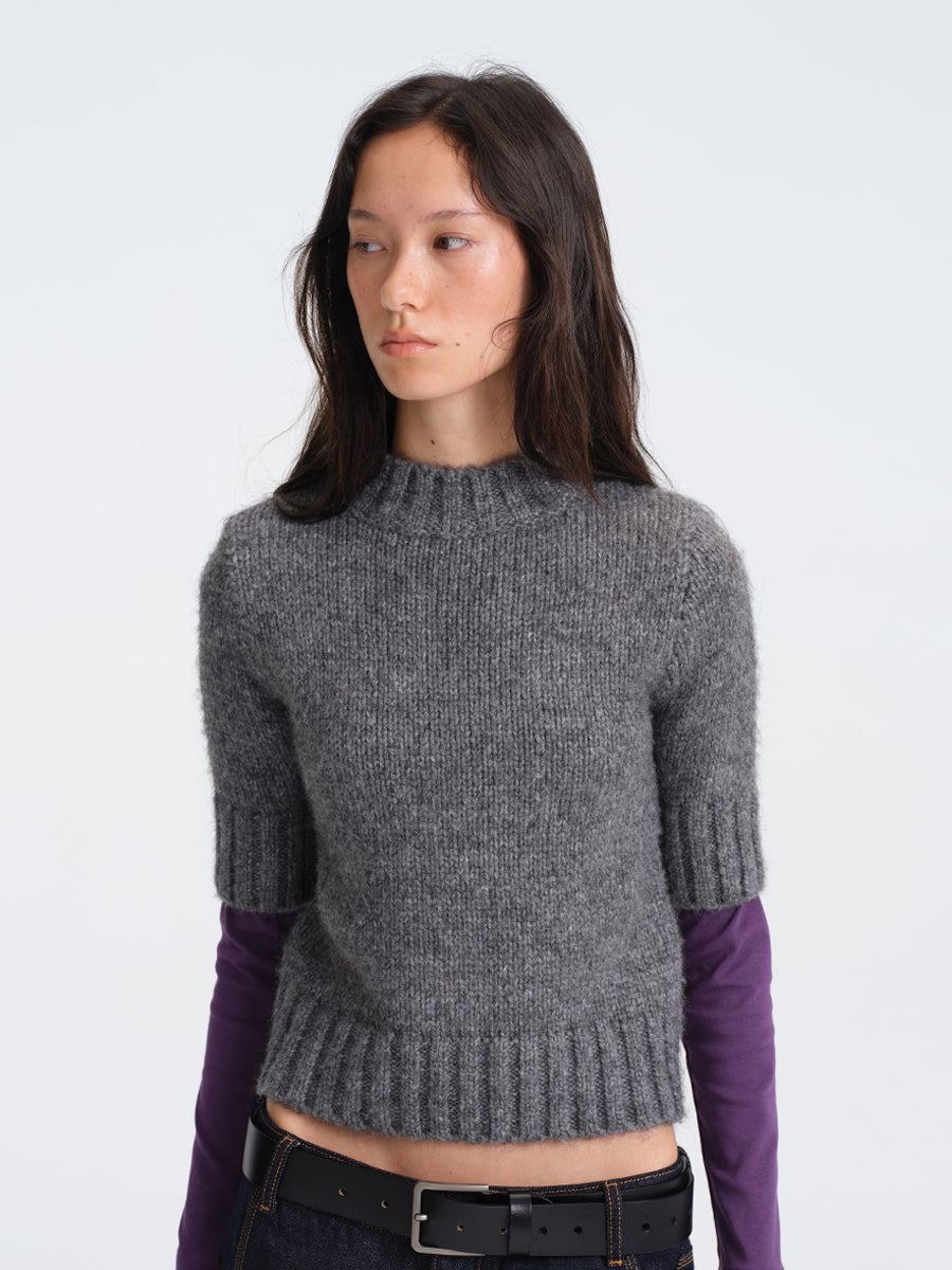 Hughum Gray Chunky Knit Mid-Sleeve Sweater