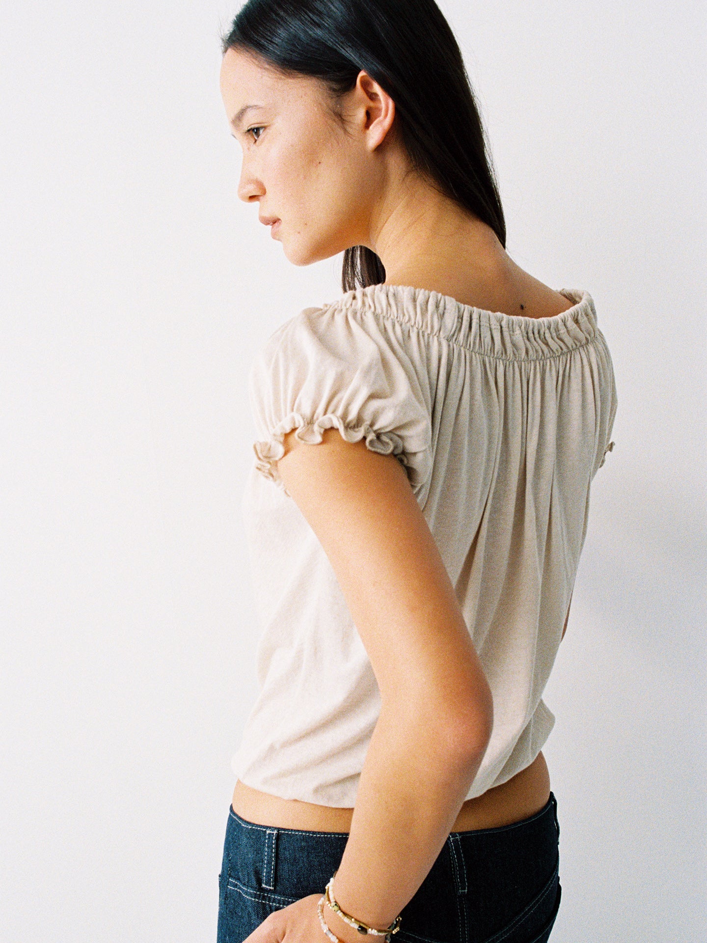 Hughum Cotton-Feel Drawstring Tie Short Sleeve Top