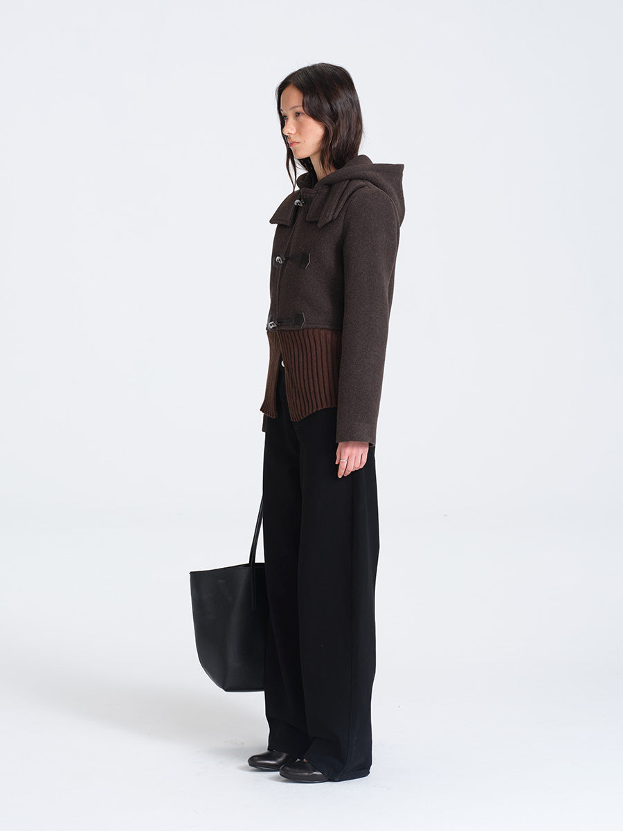 HUGHUM Brown Wool Blend Coat with Ribbed Trim