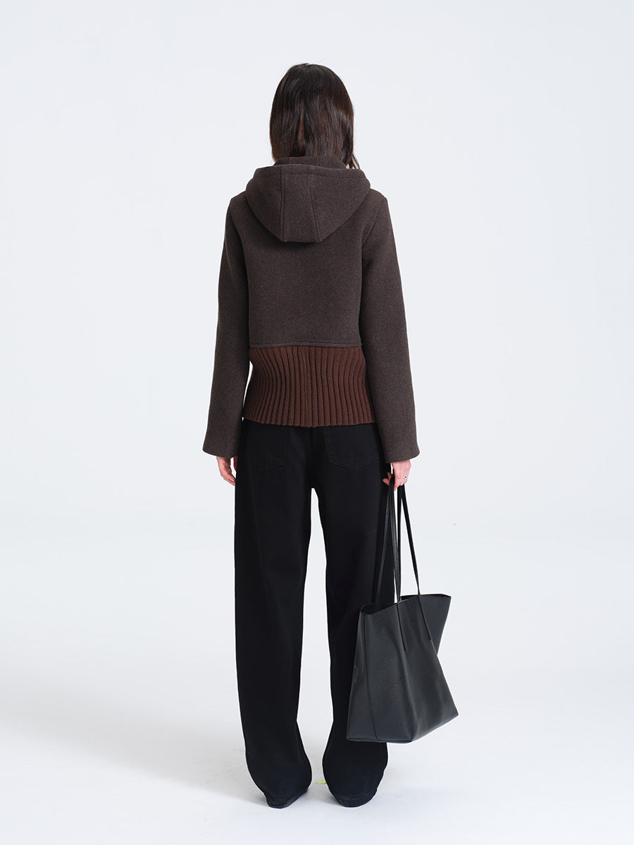 HUGHUM Brown Wool Blend Coat with Ribbed Trim