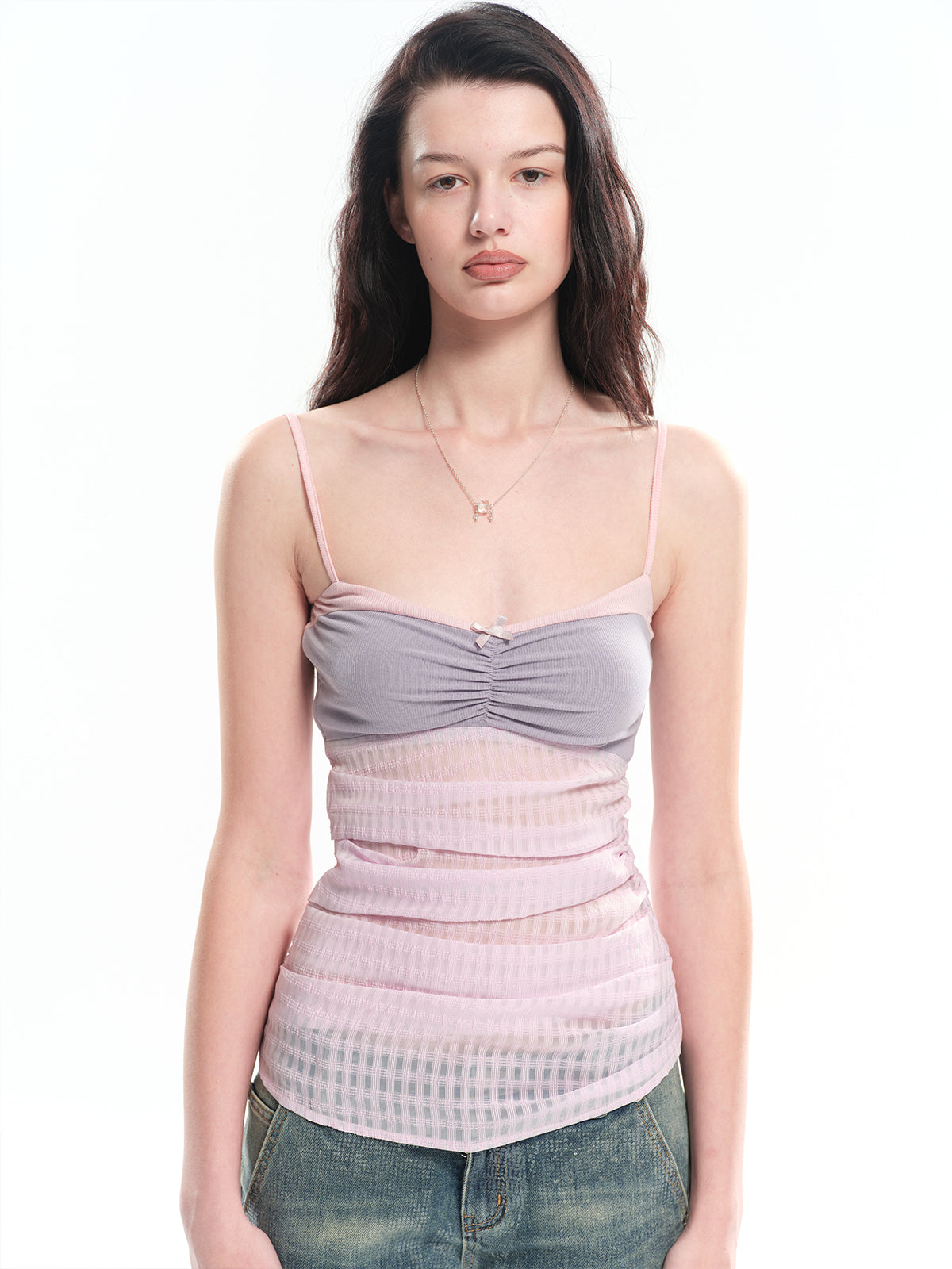 Dotyears Knitted camisole with contrasting purple plaid fabric splicing