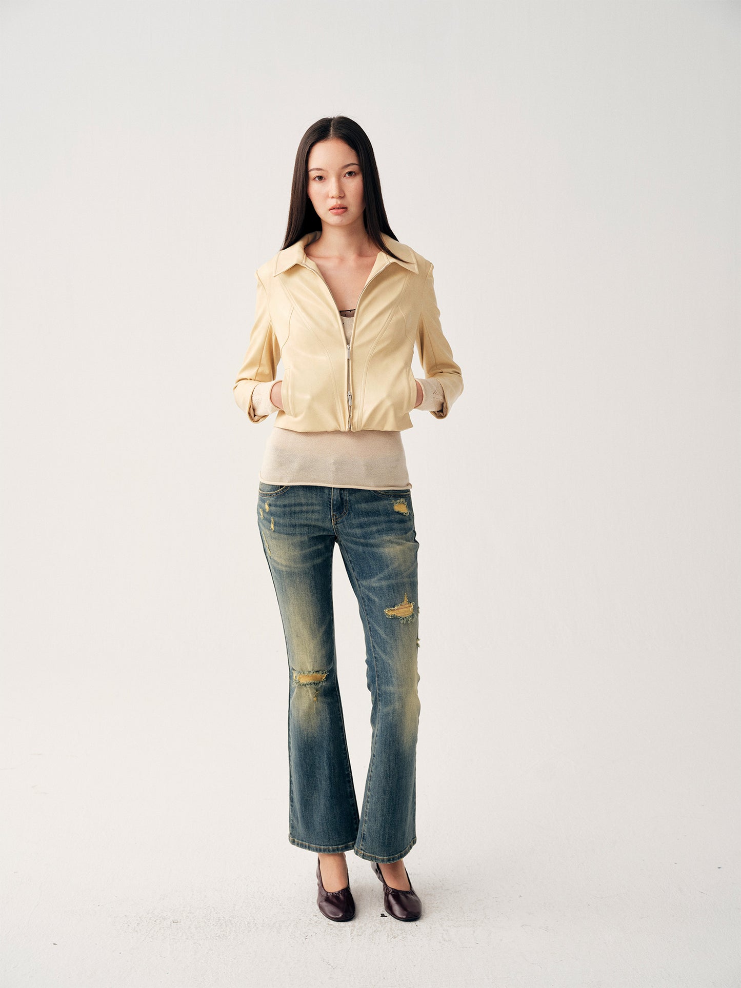Dotyears Pale Yellow Leather Jacket