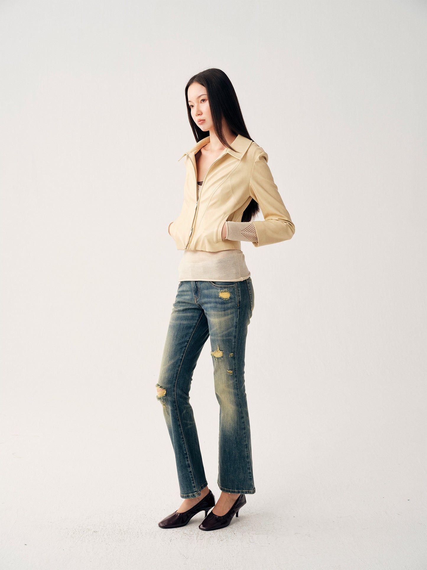 Dotyears Pale Yellow Leather Jacket