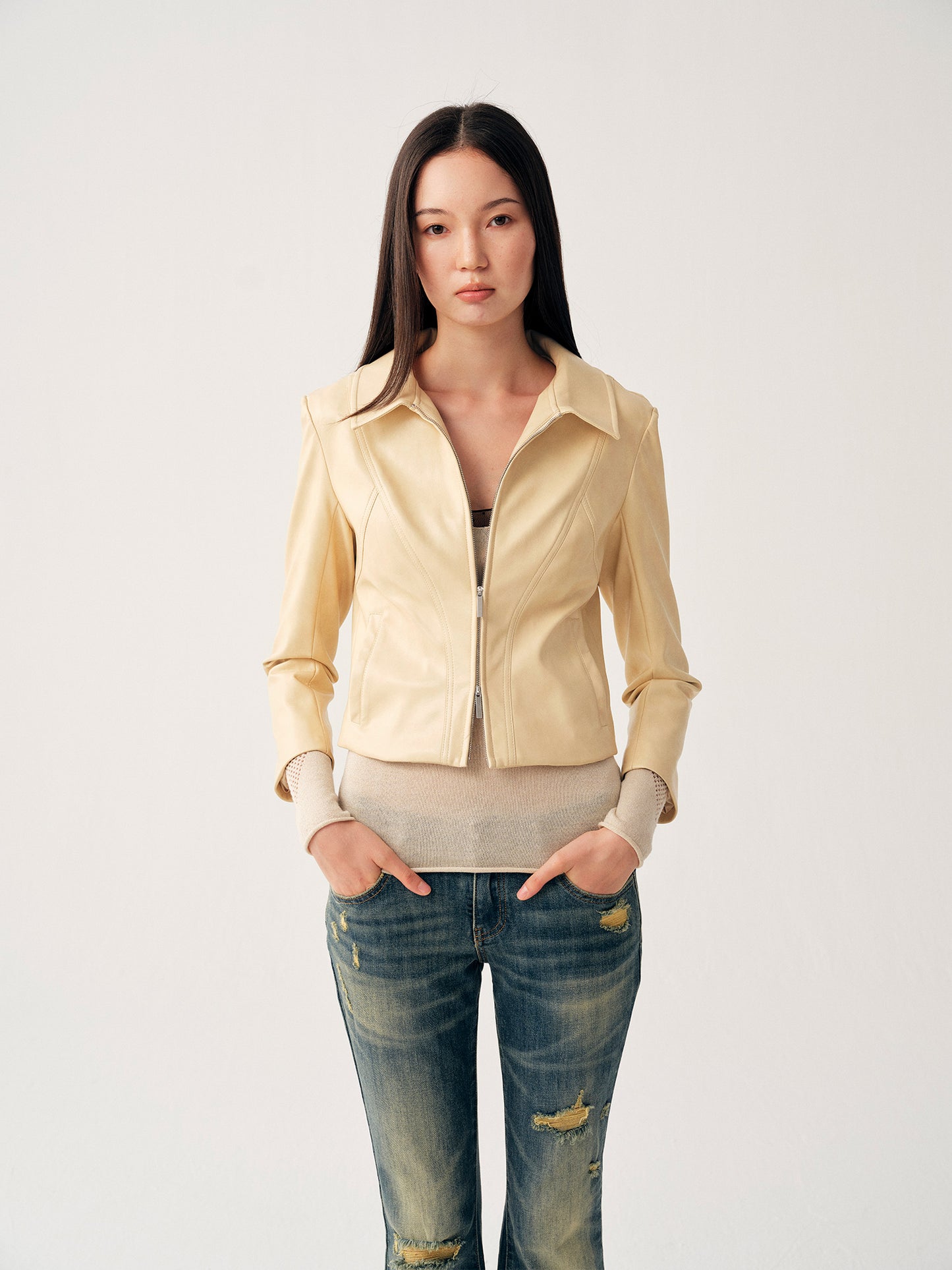 Dotyears Pale Yellow Leather Jacket