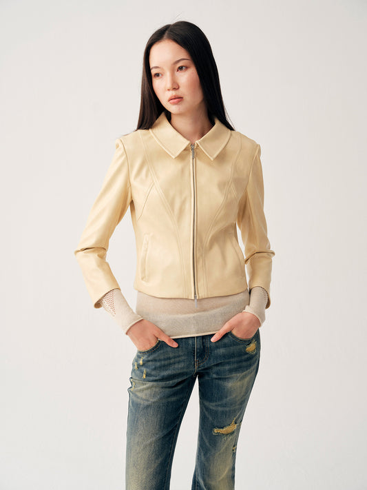 Dotyears Pale Yellow Leather Jacket
