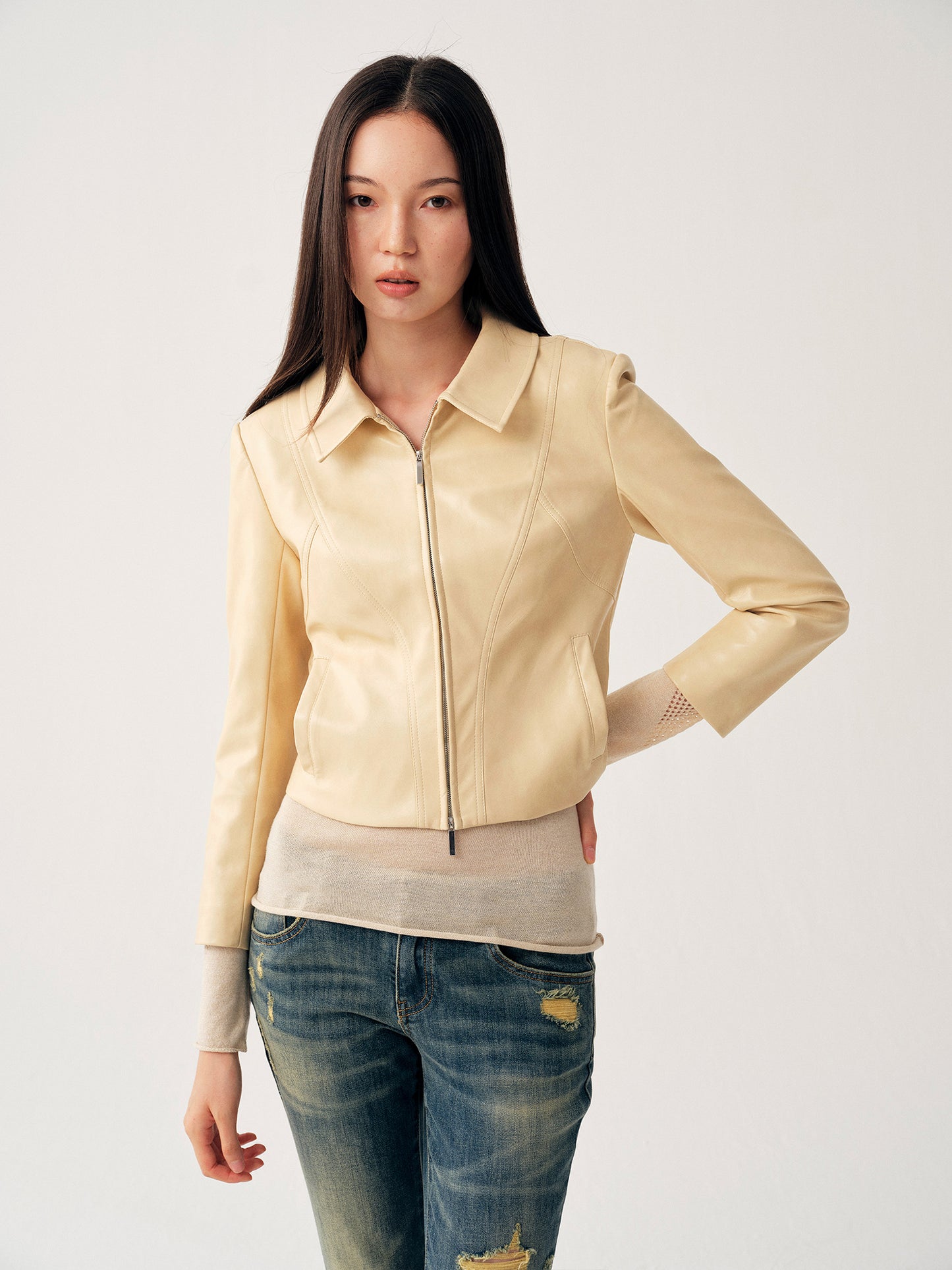 Dotyears Pale Yellow Leather Jacket