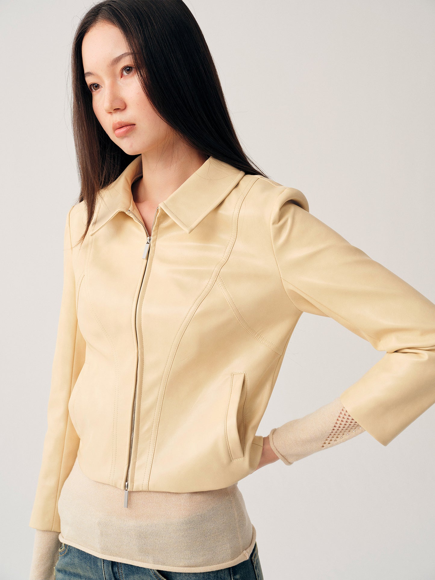 Dotyears Pale Yellow Leather Jacket
