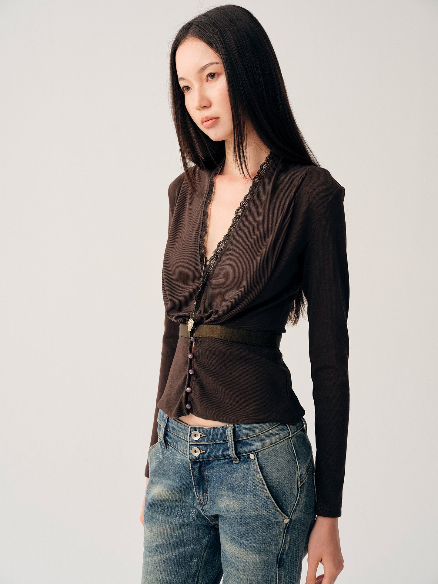 Dotyears Brown Ruched Fitted Cardigan