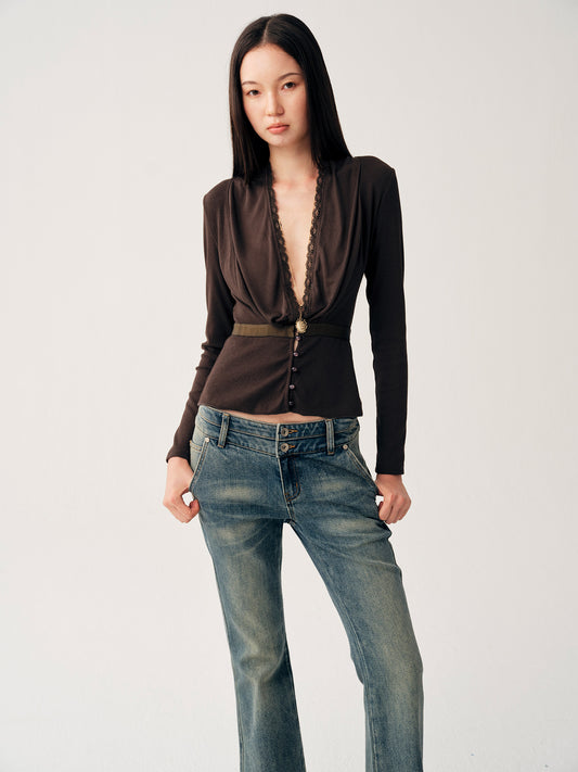 Dotyears Brown Ruched Fitted Cardigan