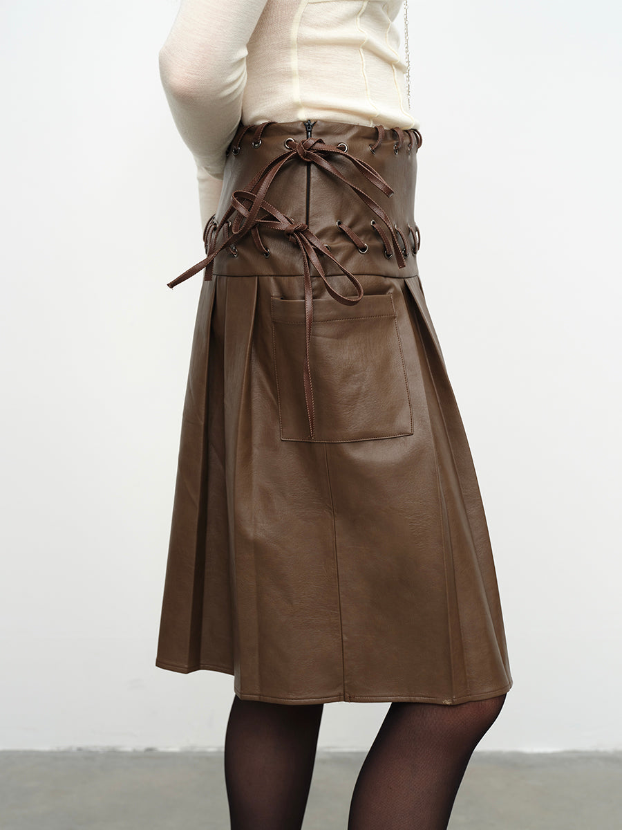 Dotyears24AW Heavy industry machine eye lace brown pleated leather skirt