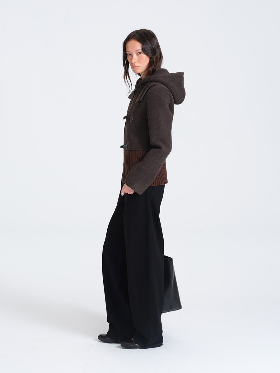 HUGHUM Brown Wool Blend Coat with Ribbed Trim