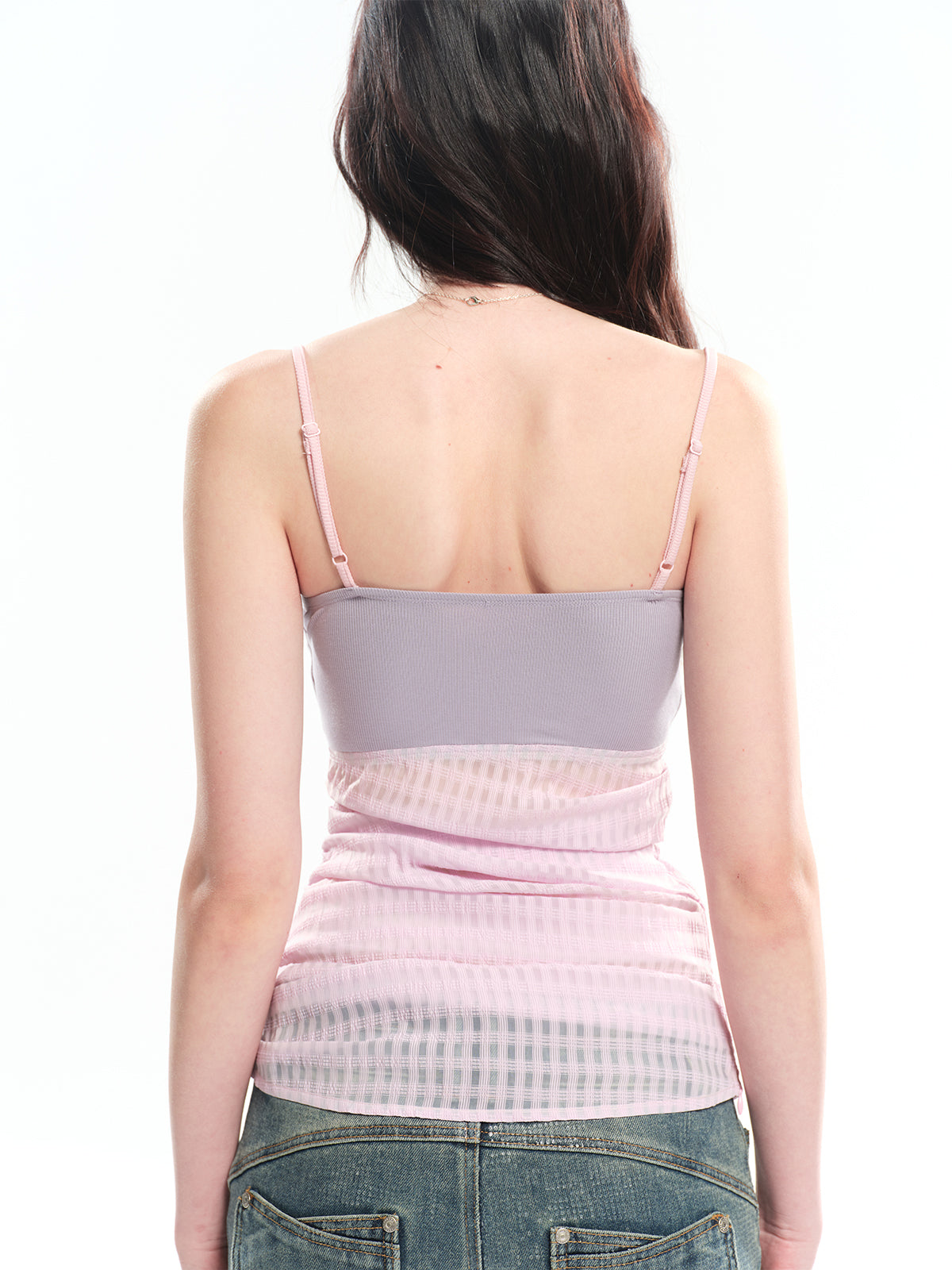 Dotyears Knitted camisole with contrasting purple plaid fabric splicing