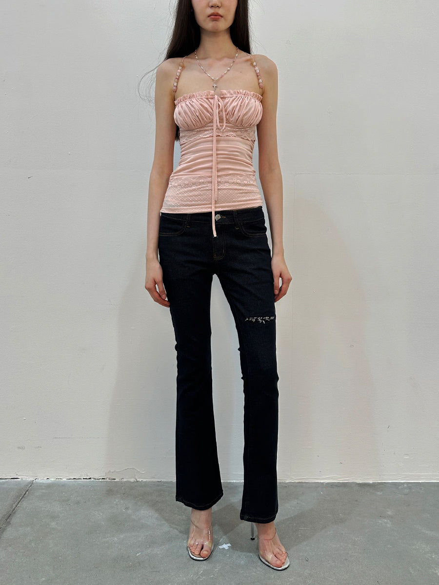 Dotyears Pale pink beaded strap lace panel acetate camisole top