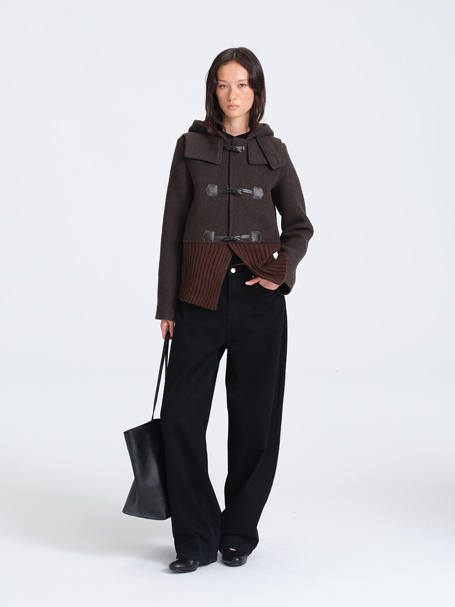 HUGHUM Brown Wool Blend Coat with Ribbed Trim