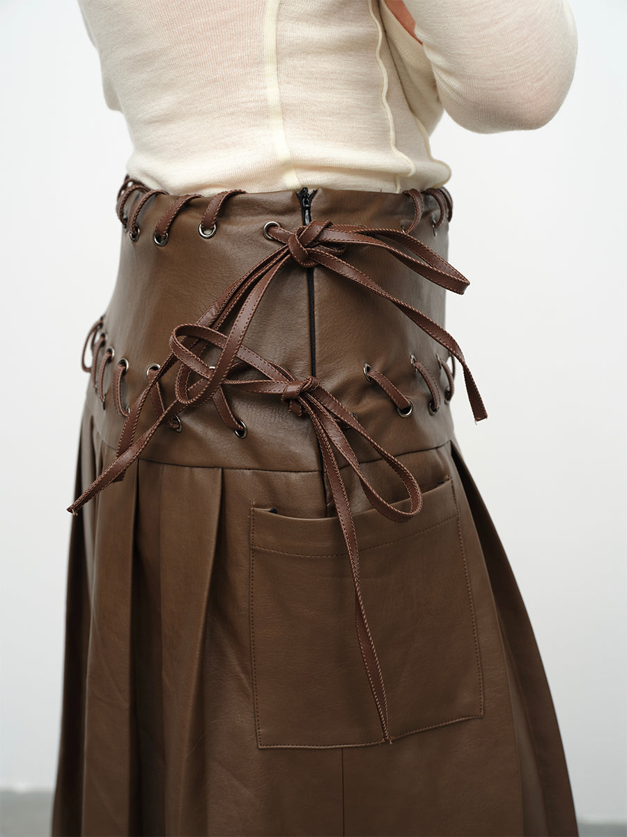 Dotyears24AW Heavy industry machine eye lace brown pleated leather skirt