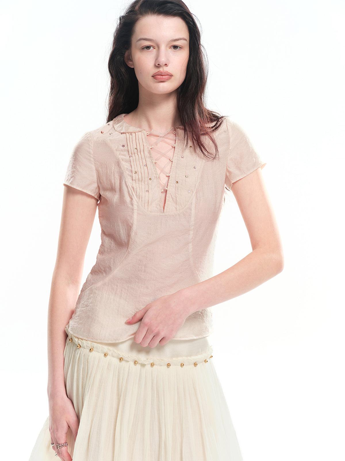 Dotyears Pink shiny cotton-like top with hot-fix rhinestones and tie-up design