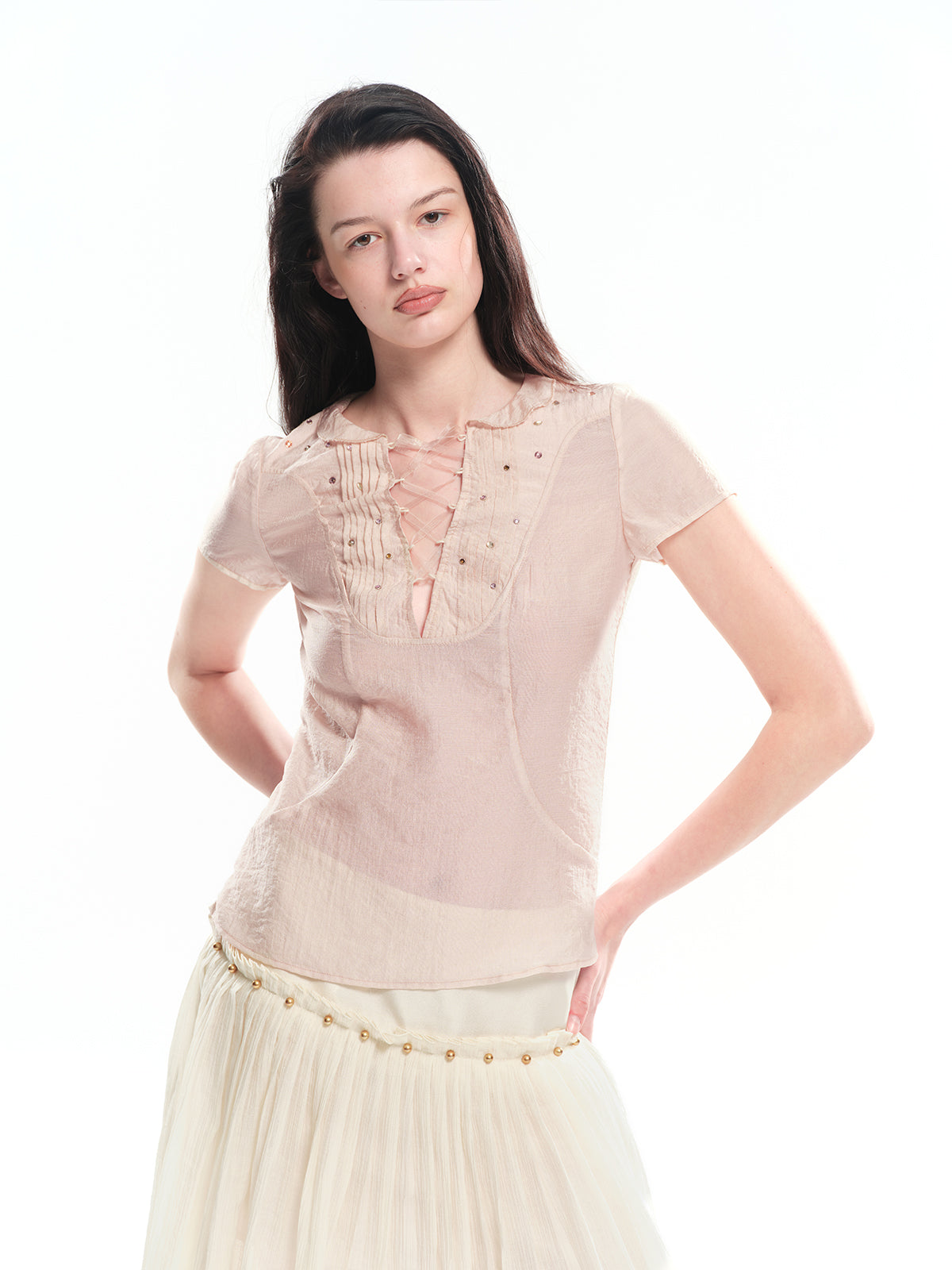 Dotyears Pink shiny cotton-like top with hot-fix rhinestones and tie-up design