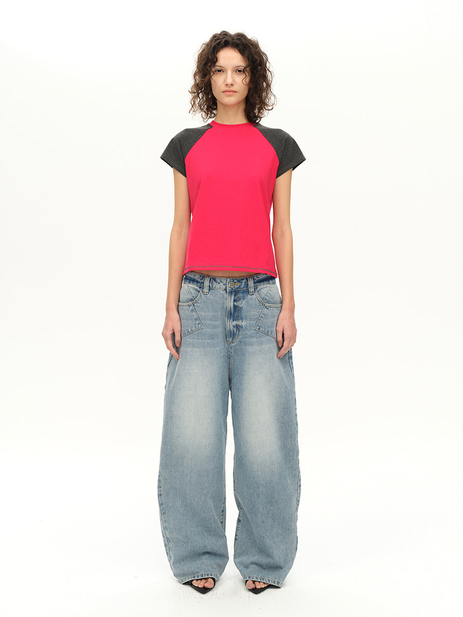 Hughum Raglan Sleeve Color-Blocked Cotton-Feel Short-Sleeve T-Shirt