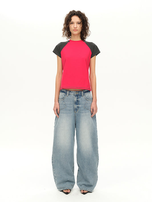 Hughum Raglan Sleeve Color-Blocked Cotton-Feel Short-Sleeve T-Shirt