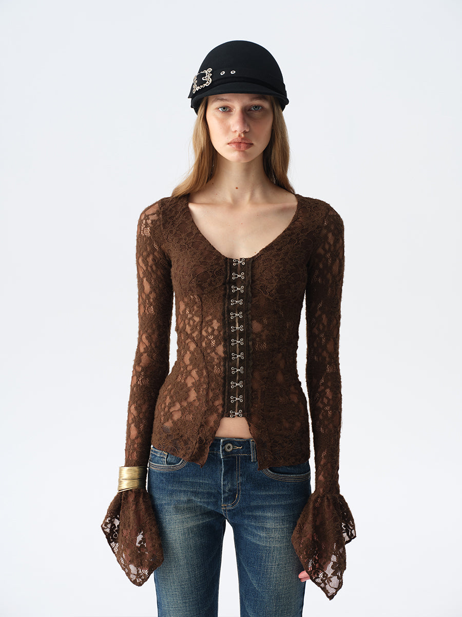 Dotyears Brown Lace-Up Bell Sleeve Cardigan