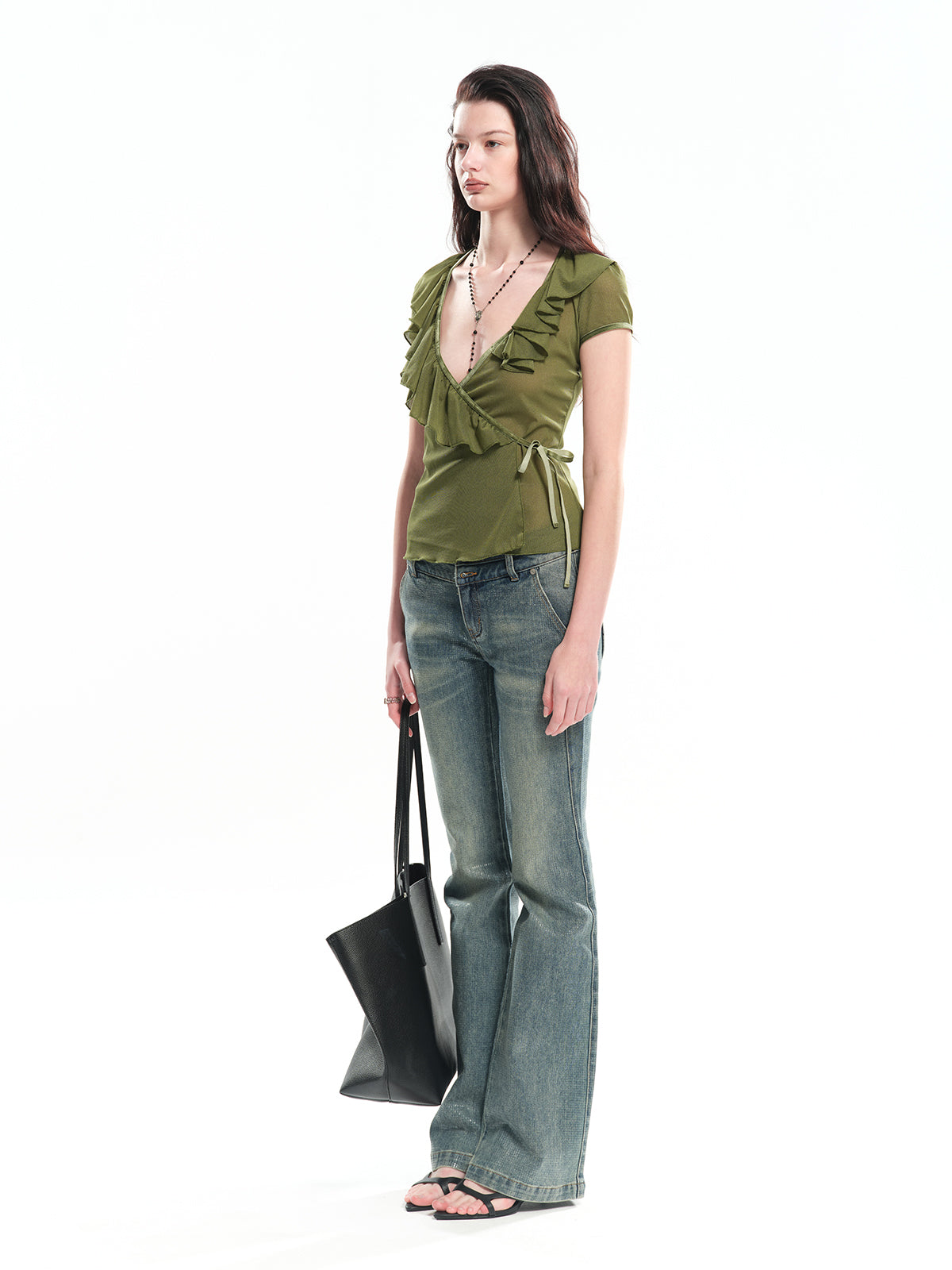 Dotyears Deep V-neck Ruffled Lace-up Acetic Acid Cardigan