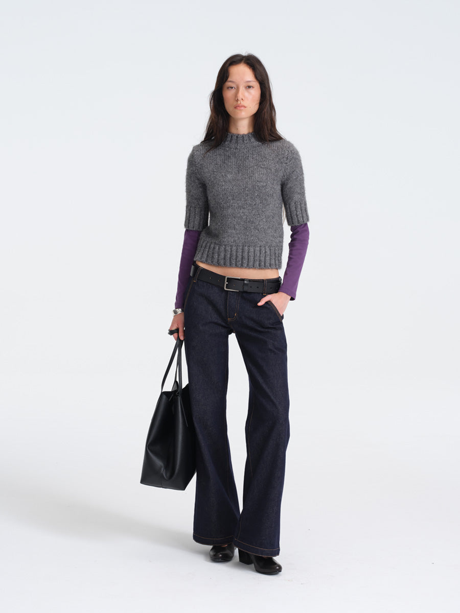 Hughum Gray Chunky Knit Mid-Sleeve Sweater