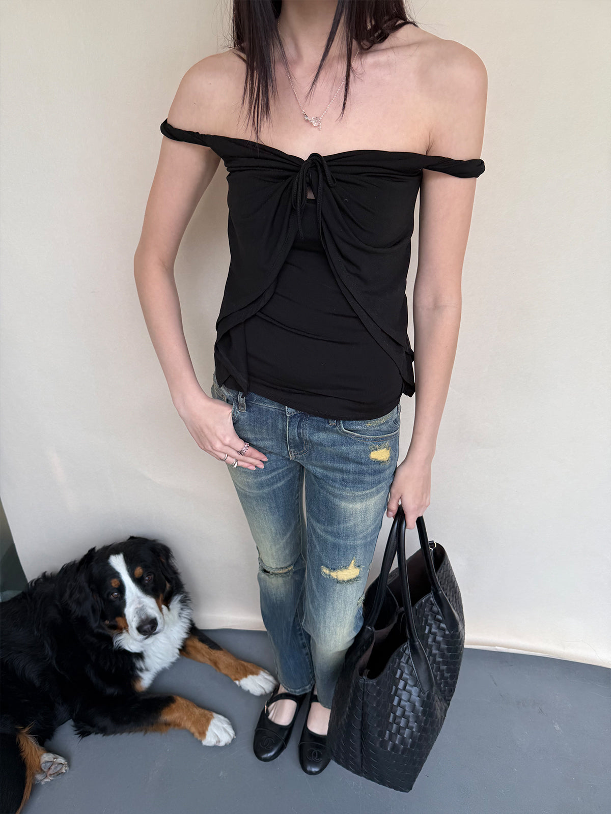 Dotyears Twist Knot Off-the-shoulder Knit Top (Two Colors: Black & Pink)