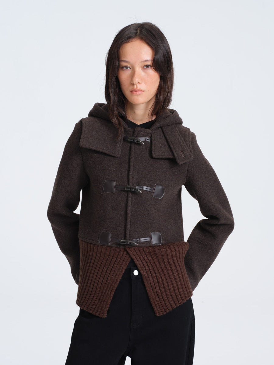 HUGHUM Brown Wool Blend Coat with Ribbed Trim