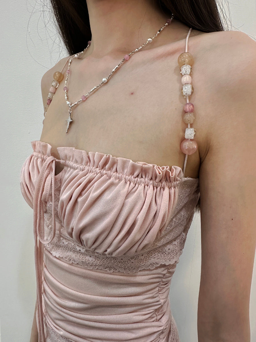 Dotyears Pale pink beaded strap lace panel acetate camisole top