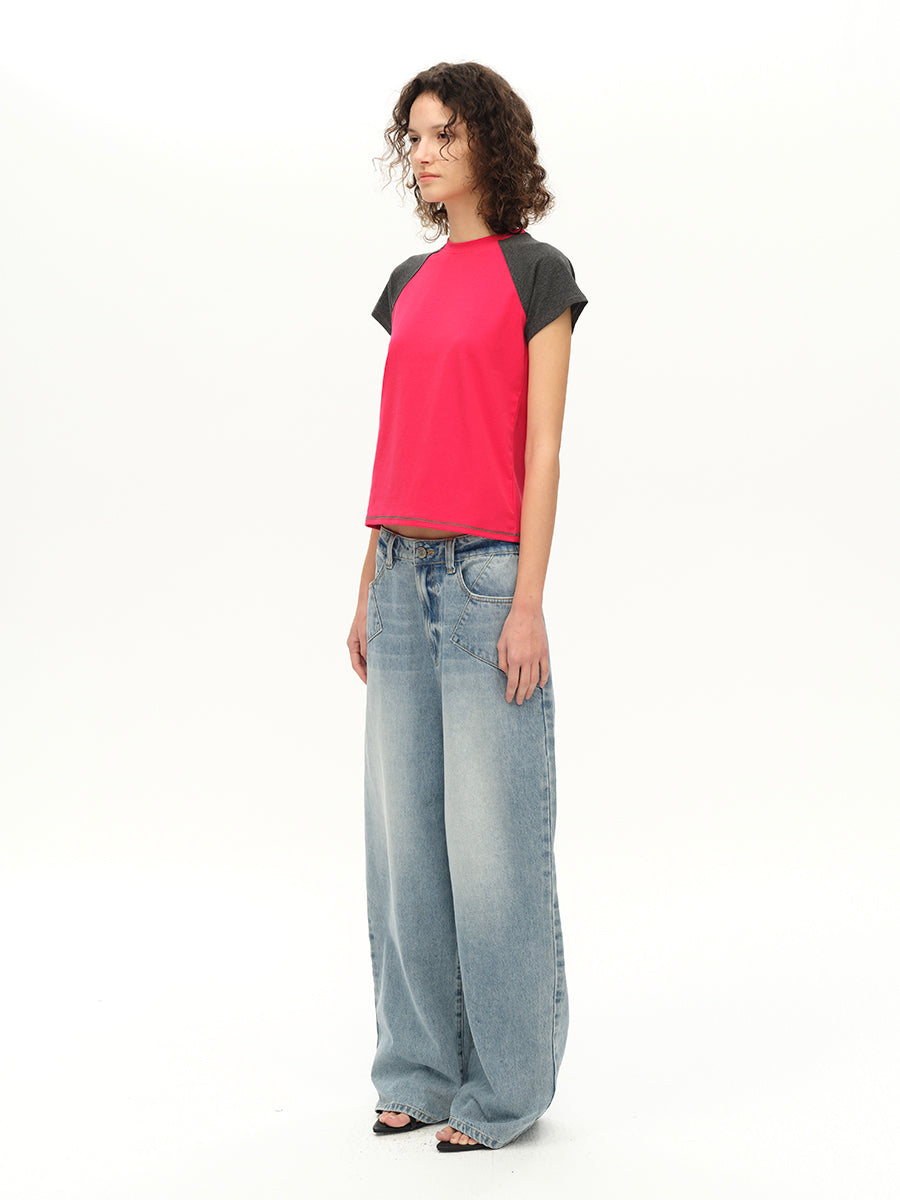 Hughum Raglan Sleeve Color-Blocked Cotton-Feel Short-Sleeve T-Shirt