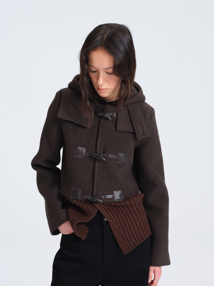 HUGHUM Brown Wool Blend Coat with Ribbed Trim