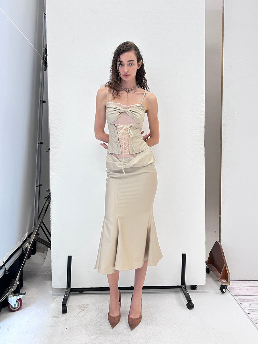 Dotyears24ss Champagne gold-panelled mesh kink set fishtail skirt