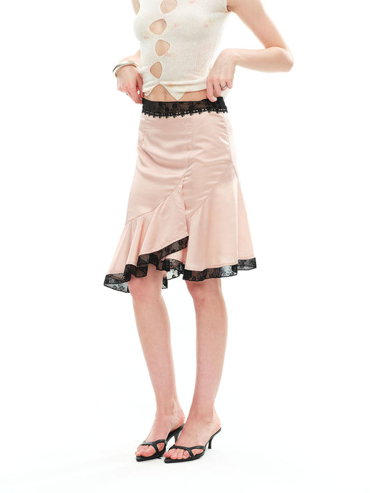 Dotyears Pink Satin Contrast Lace Spliced Midi Skirt