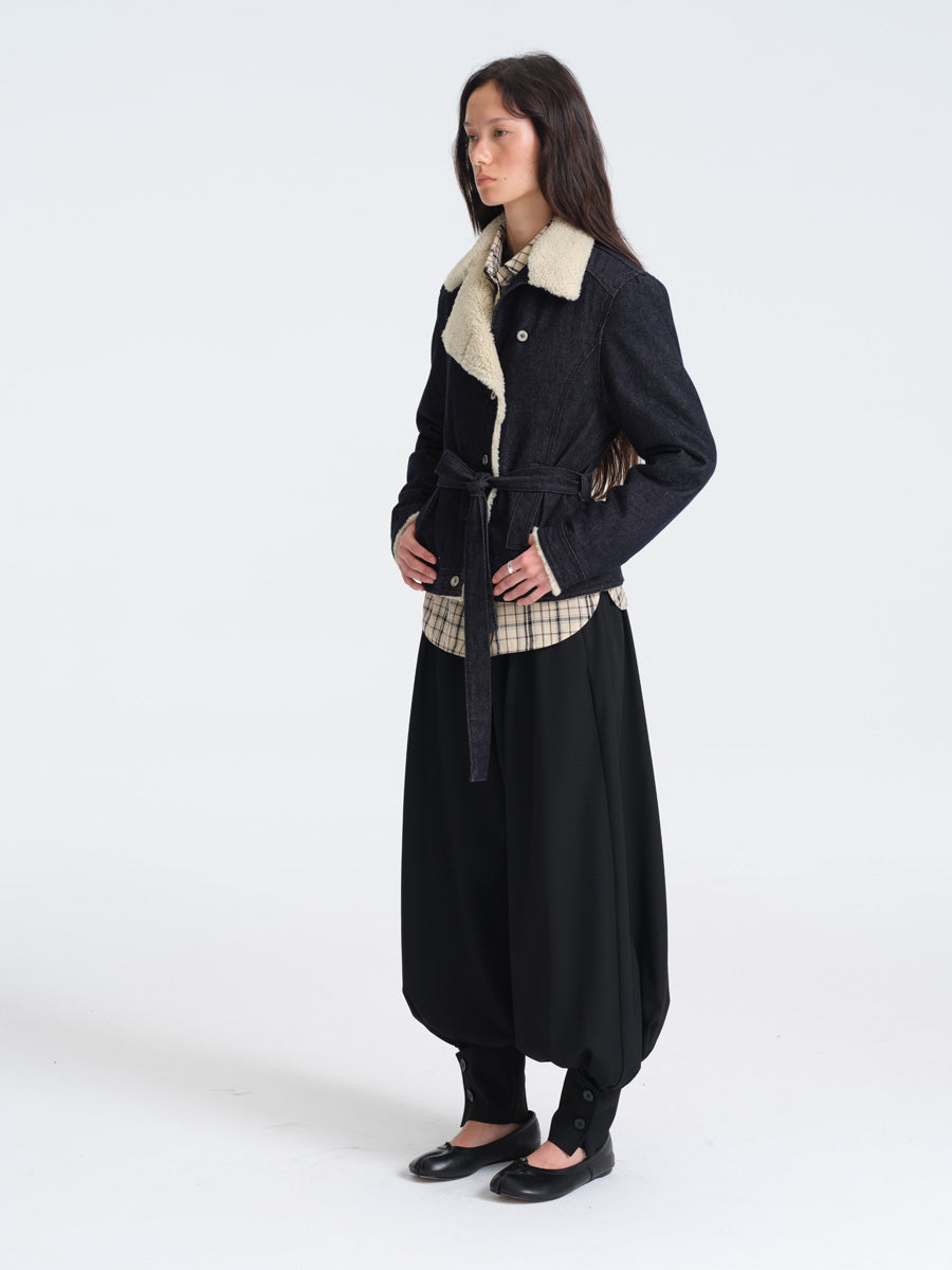 Hughum Lamb's Wool Cotton Denim Asymmetric Placket Coat