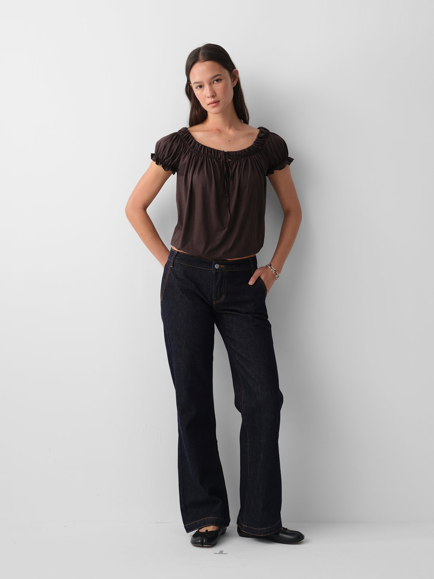 Hughum Cotton-Feel Drawstring Tie Short Sleeve Top