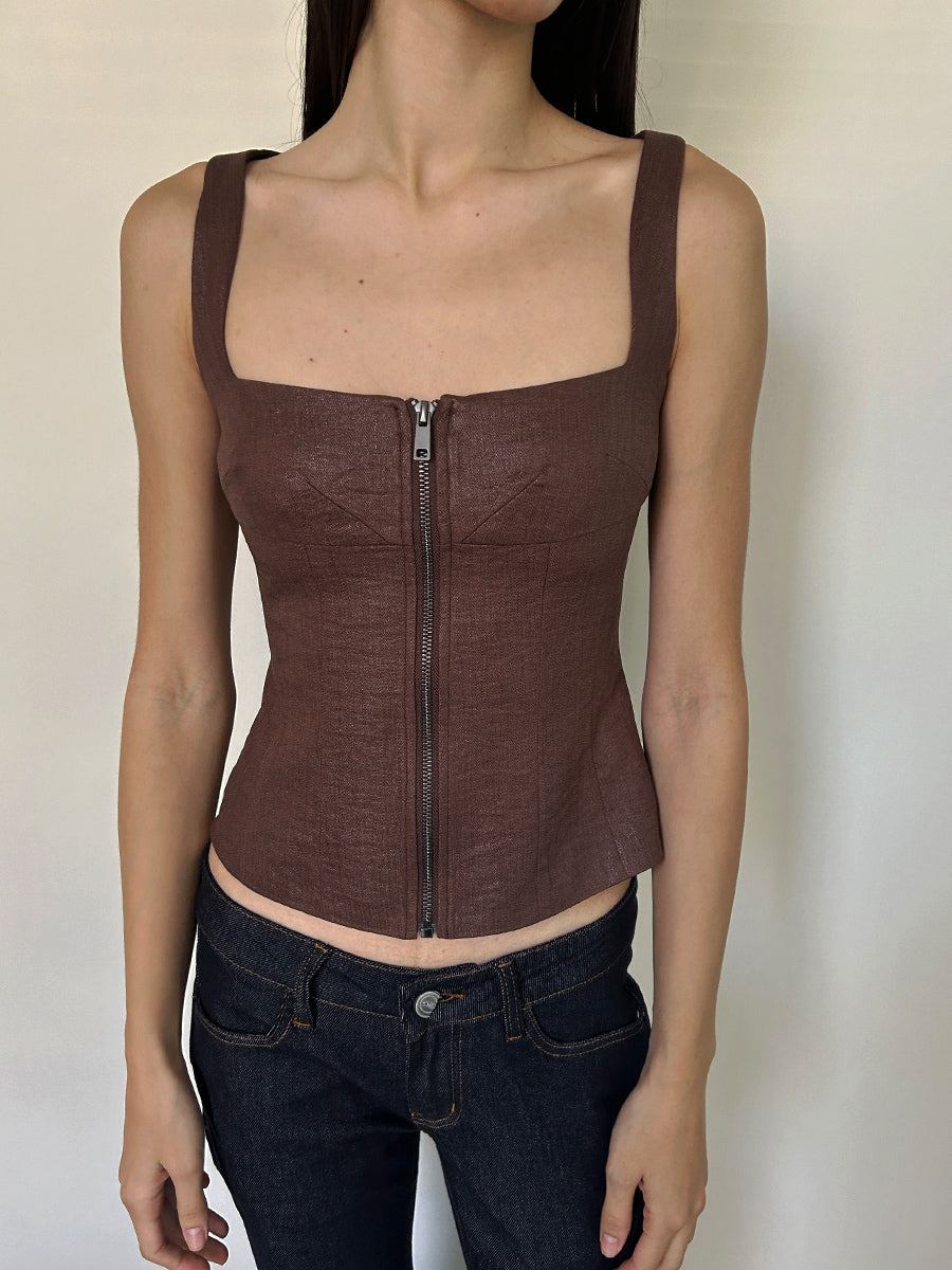 Dotyears Slim fit tunic in dark brown linen custom fabric