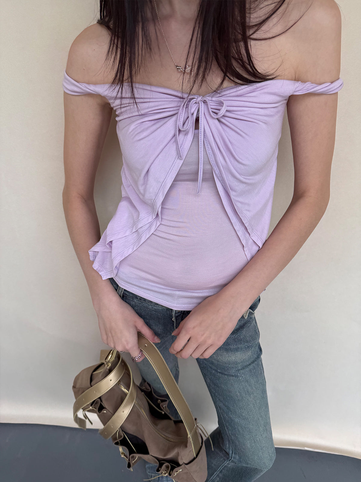 Dotyears Twist Knot Off-the-shoulder Knit Top (Two Colors: Black & Pink)