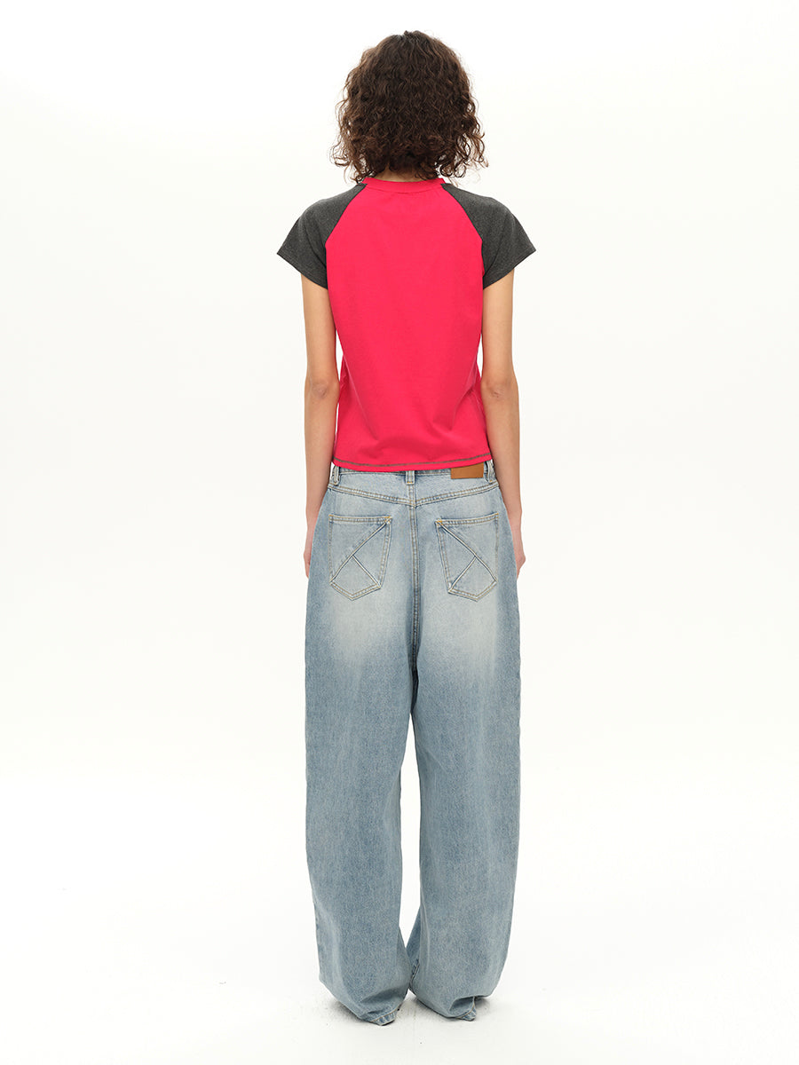 Hughum Raglan Sleeve Color-Blocked Cotton-Feel Short-Sleeve T-Shirt