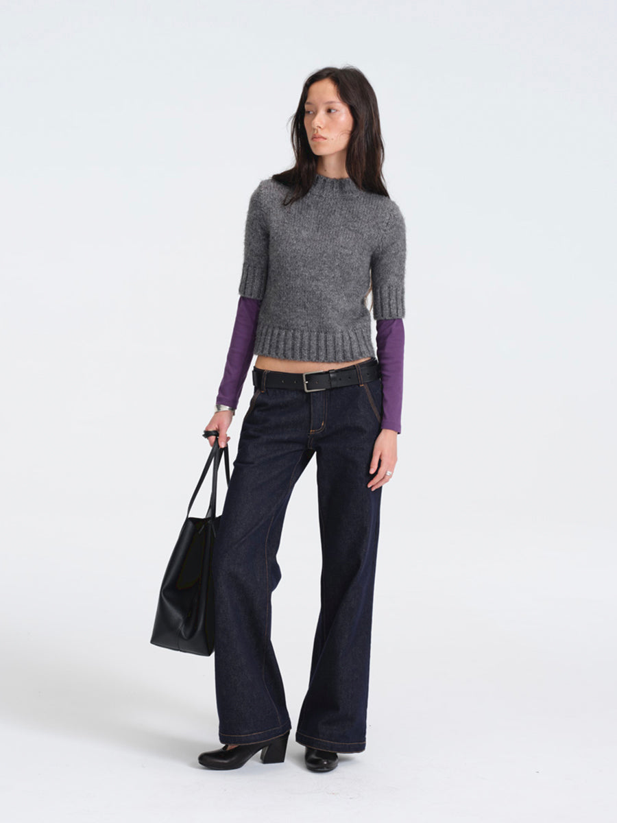 Hughum Gray Chunky Knit Mid-Sleeve Sweater