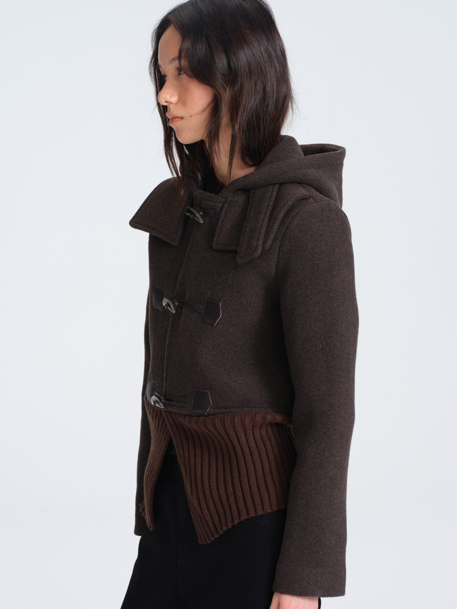 HUGHUM Brown Wool Blend Coat with Ribbed Trim