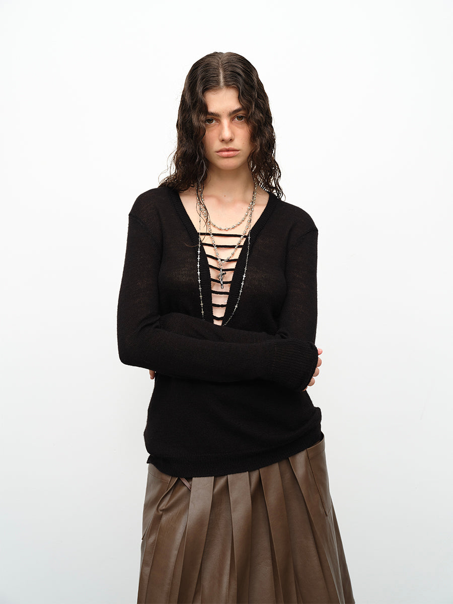 Dotyears24AW Wool hand-drawn knit pullover two-tone sweater