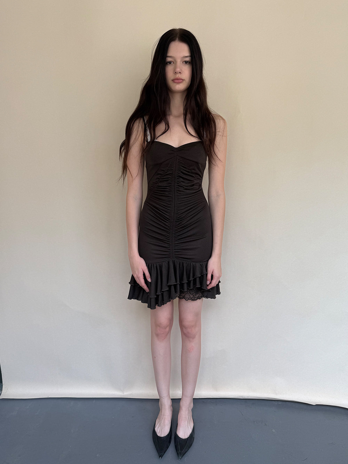 Dotyears Grey Pleated Lace Spliced Fishtail Lace Trim Dress