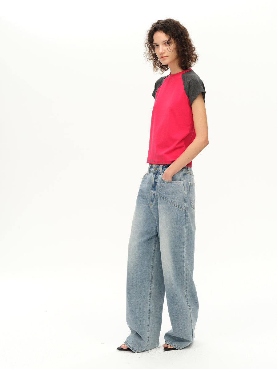 Hughum Raglan Sleeve Color-Blocked Cotton-Feel Short-Sleeve T-Shirt