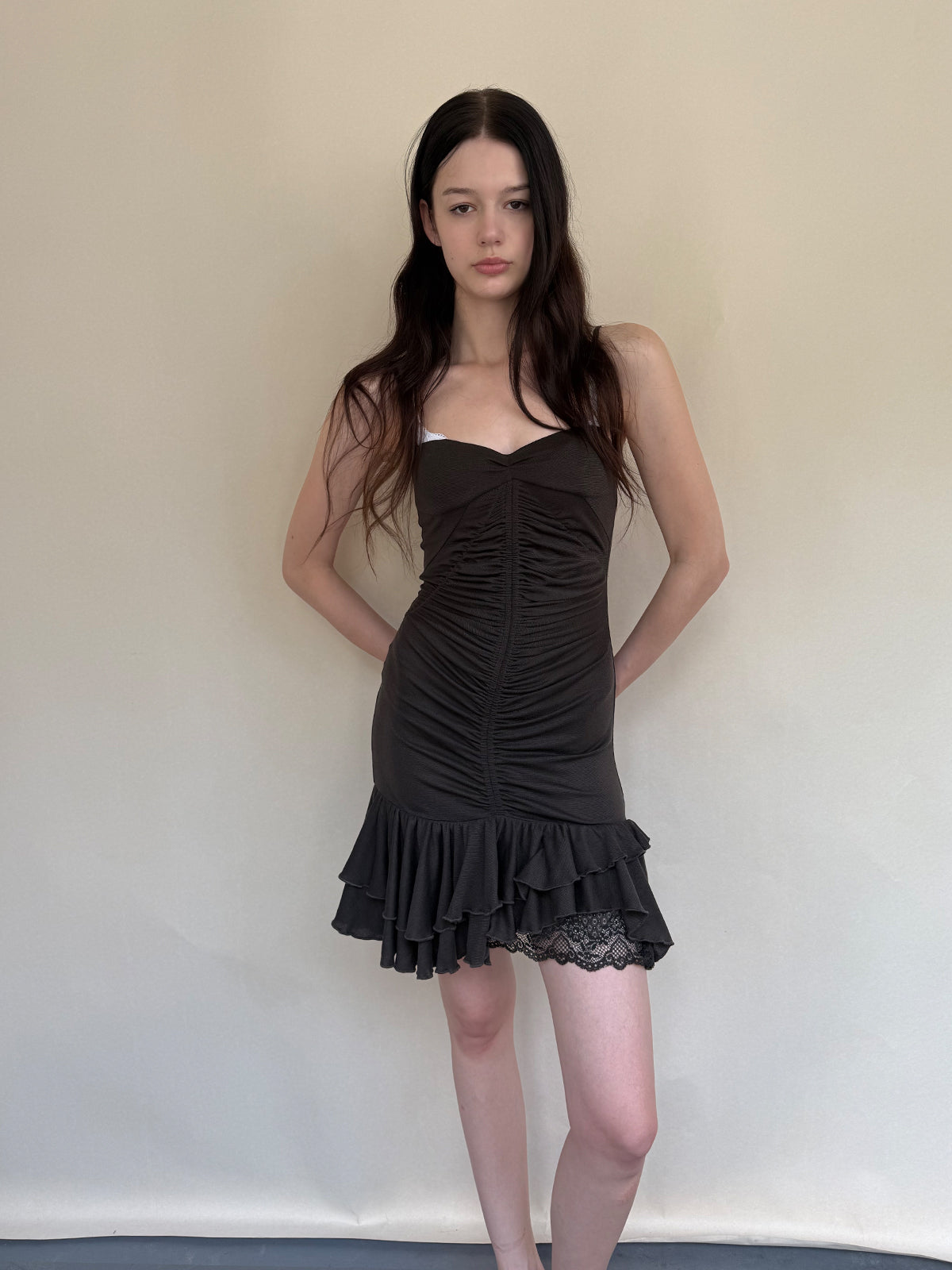 Dotyears Grey Pleated Lace Spliced Fishtail Lace Trim Dress