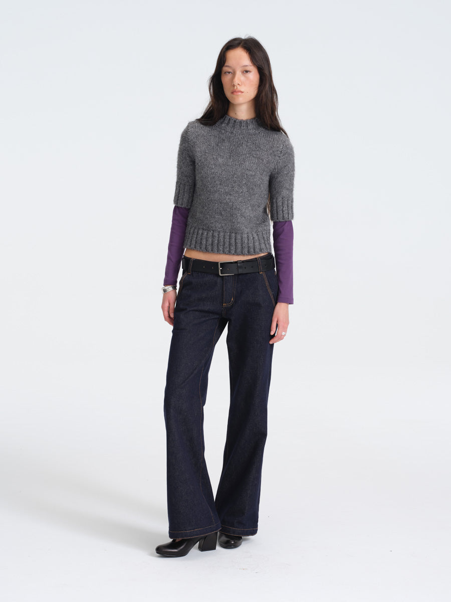 Hughum Gray Chunky Knit Mid-Sleeve Sweater