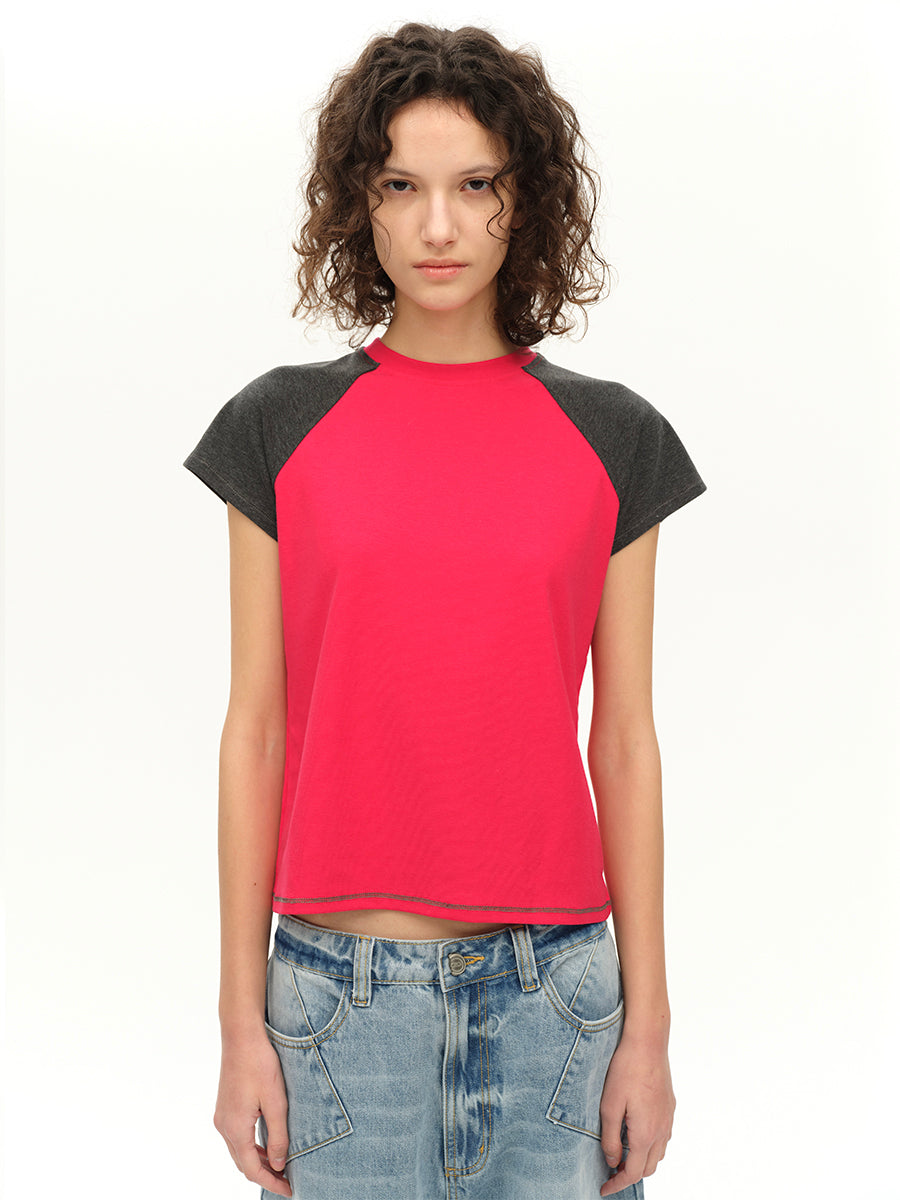 Hughum Raglan Sleeve Color-Blocked Cotton-Feel Short-Sleeve T-Shirt