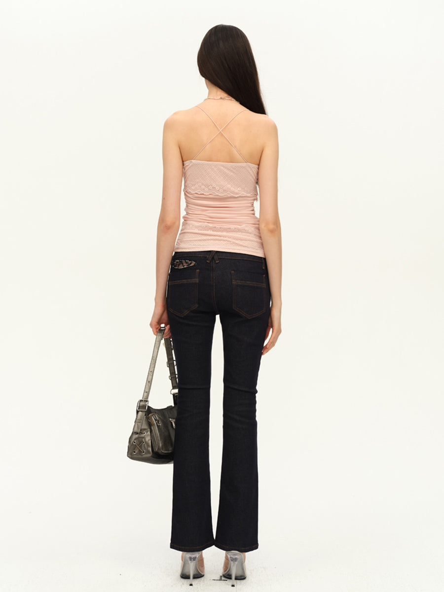 Dotyears Pale pink beaded strap lace panel acetate camisole top